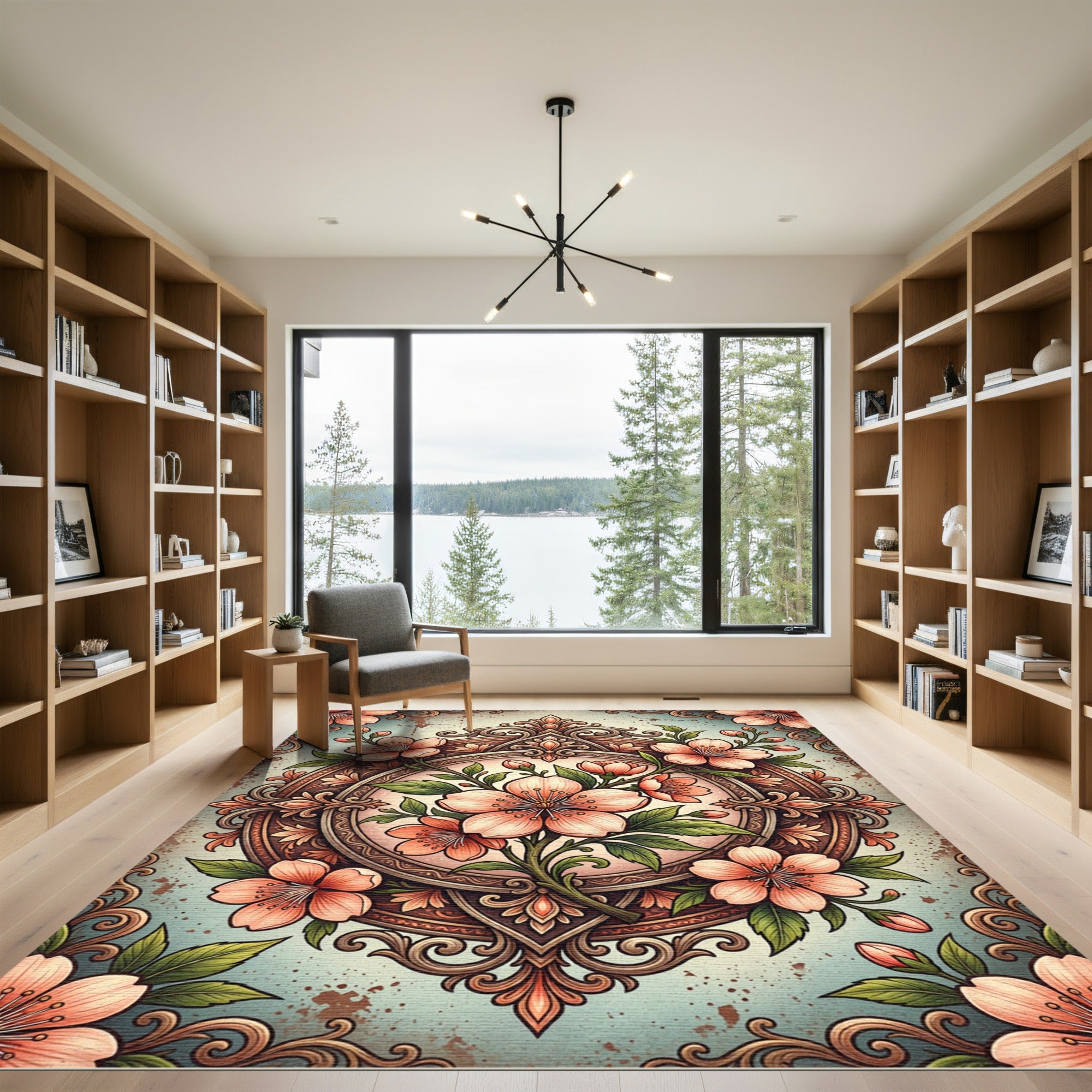 Elegant Peach Blossom Ornate Medallion Rug