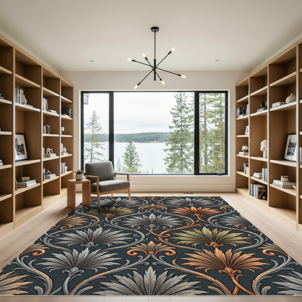 Elegant Copper Silver Palmette Scroll Rug