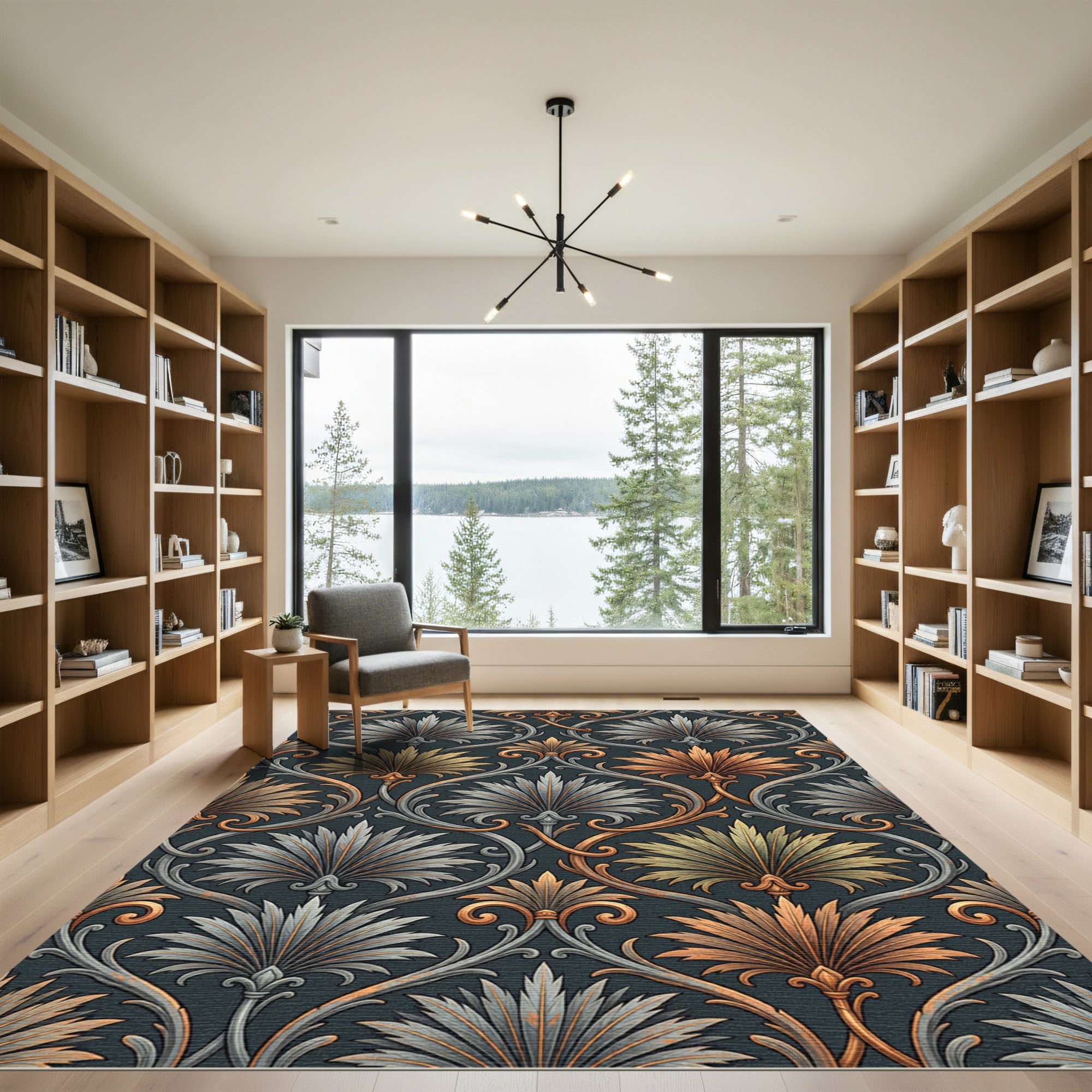 Elegant Copper Silver Palmette Scroll Rug