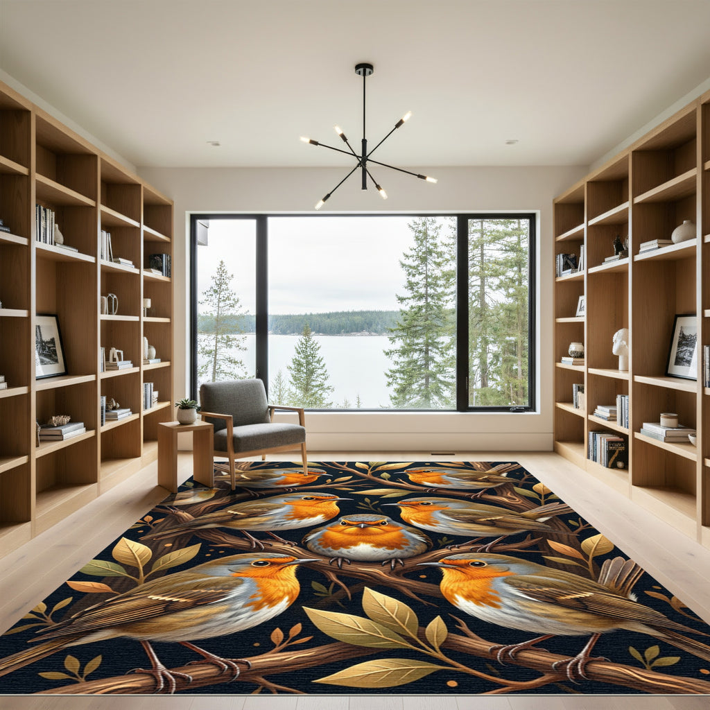 Whimsical Golden Robin Forest Art Rug