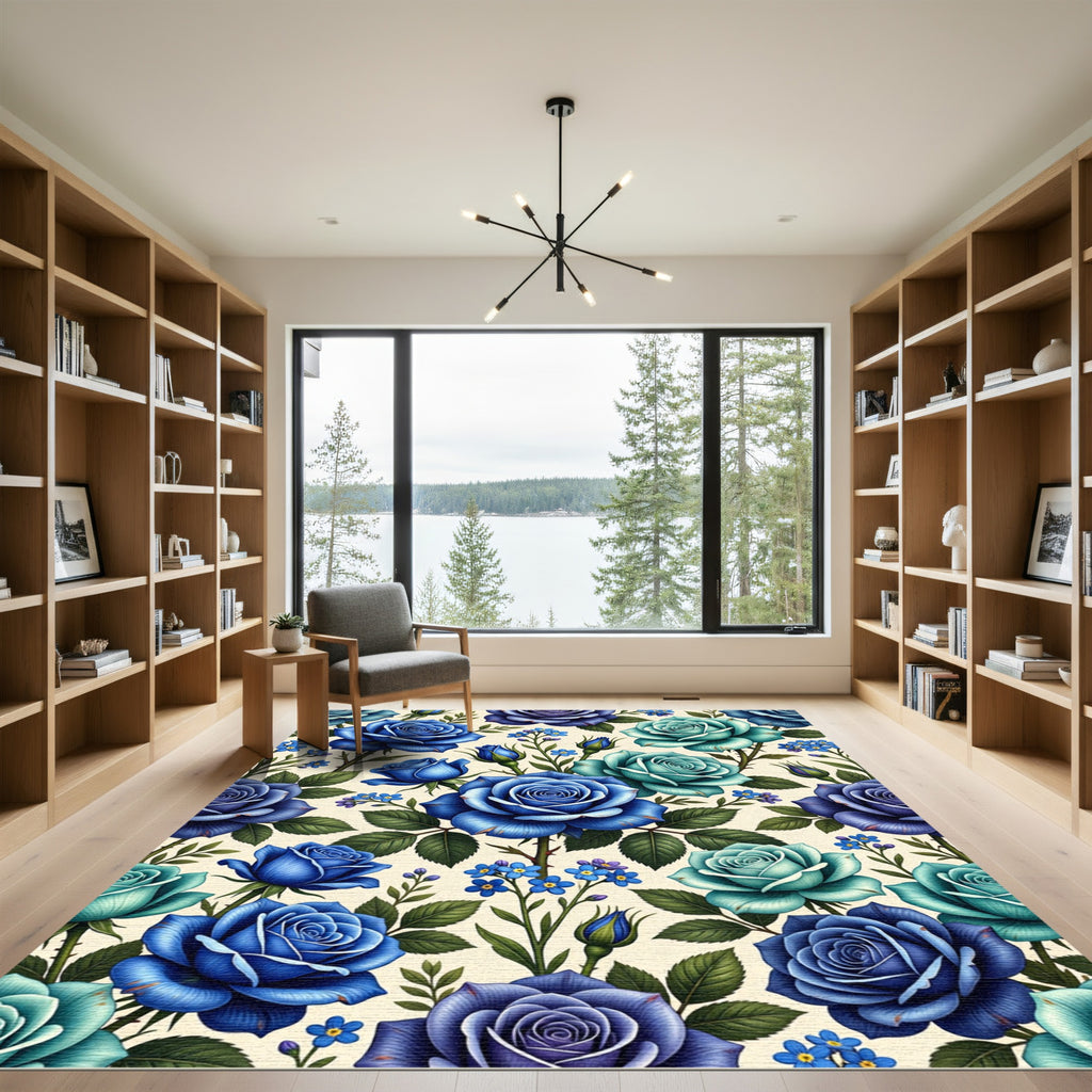 Elegant Blue Botanical Rose Garden Rug