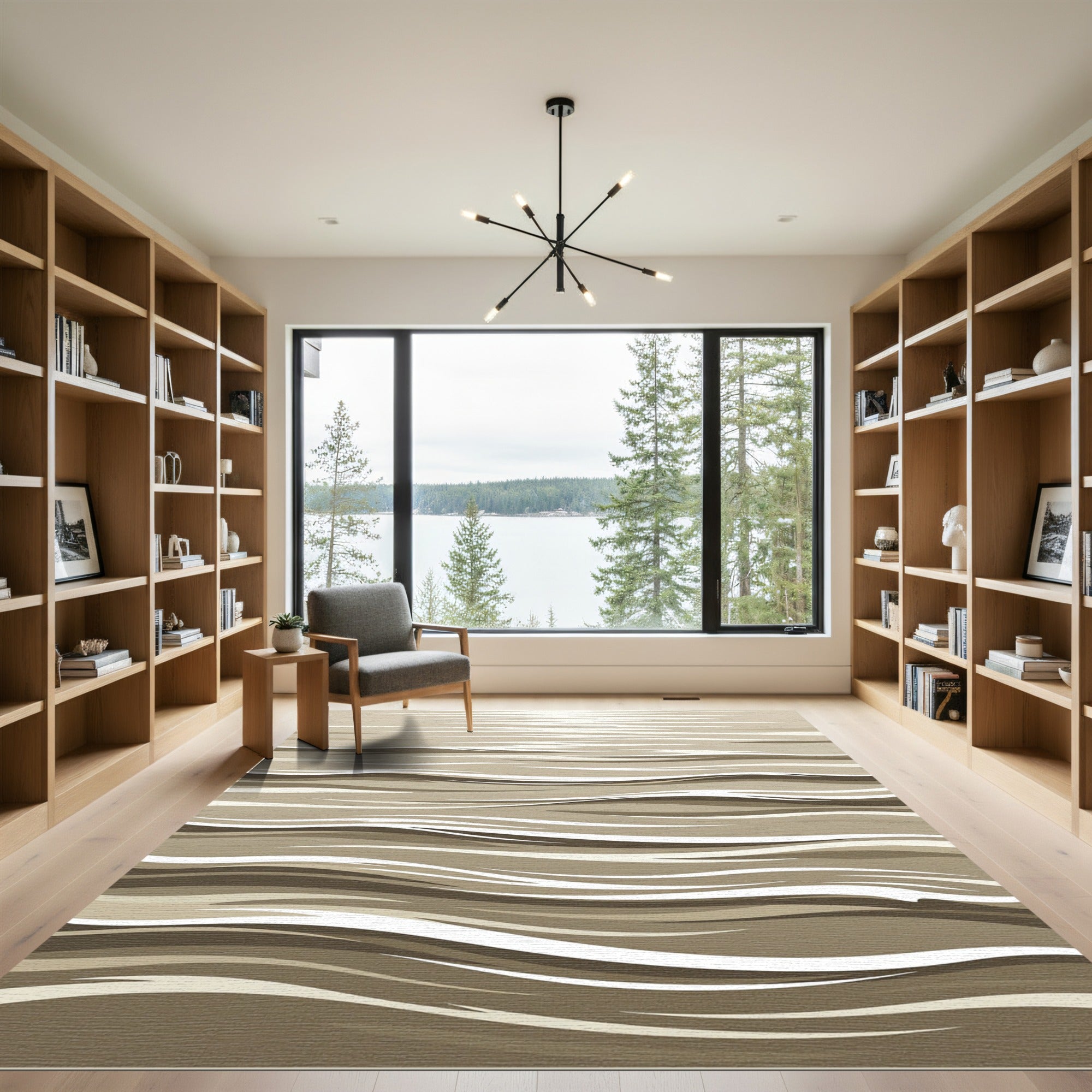 Neutral Minimalist Abstract Wavy Stream Rug