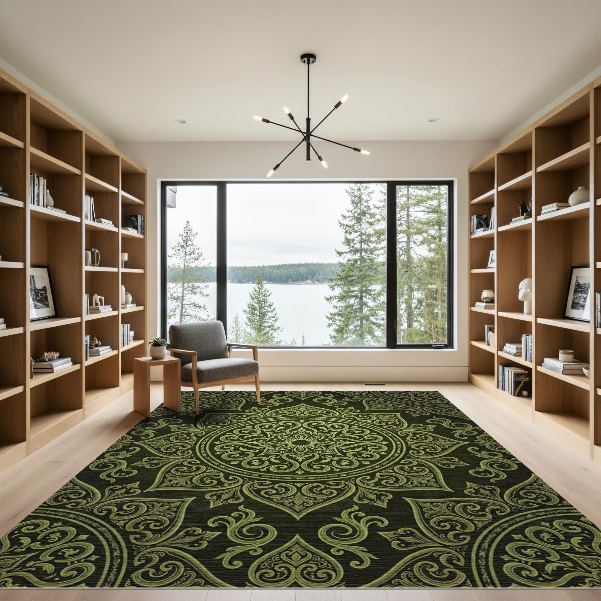 Olive Green Ornate Floral Damask Rug