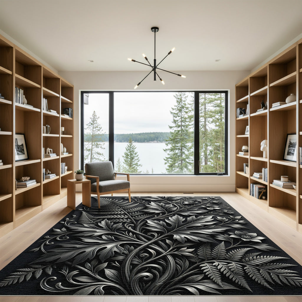 Ornate Black Fern Flowers Vines Rug