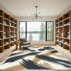 Modern Charcoal and Ochre Abstract Brushstroke Rug