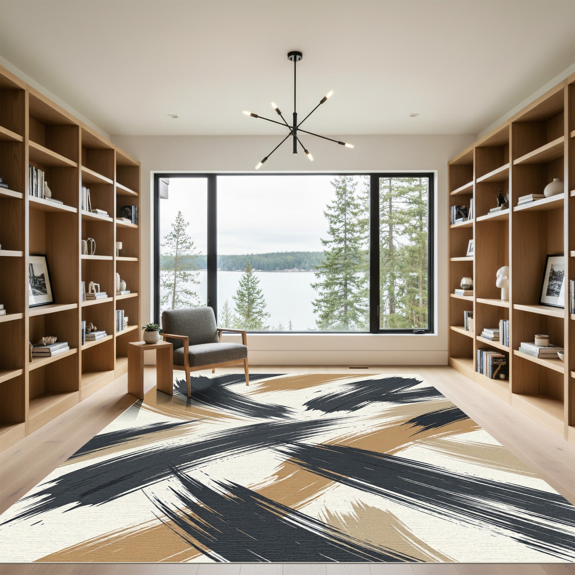 Modern Charcoal and Ochre Abstract Brushstroke Rug