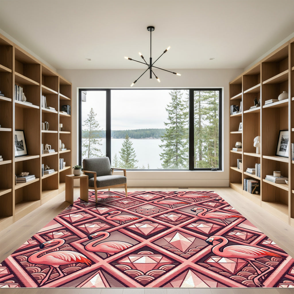 Art Deco Flamingo and Diamond Grid Rug