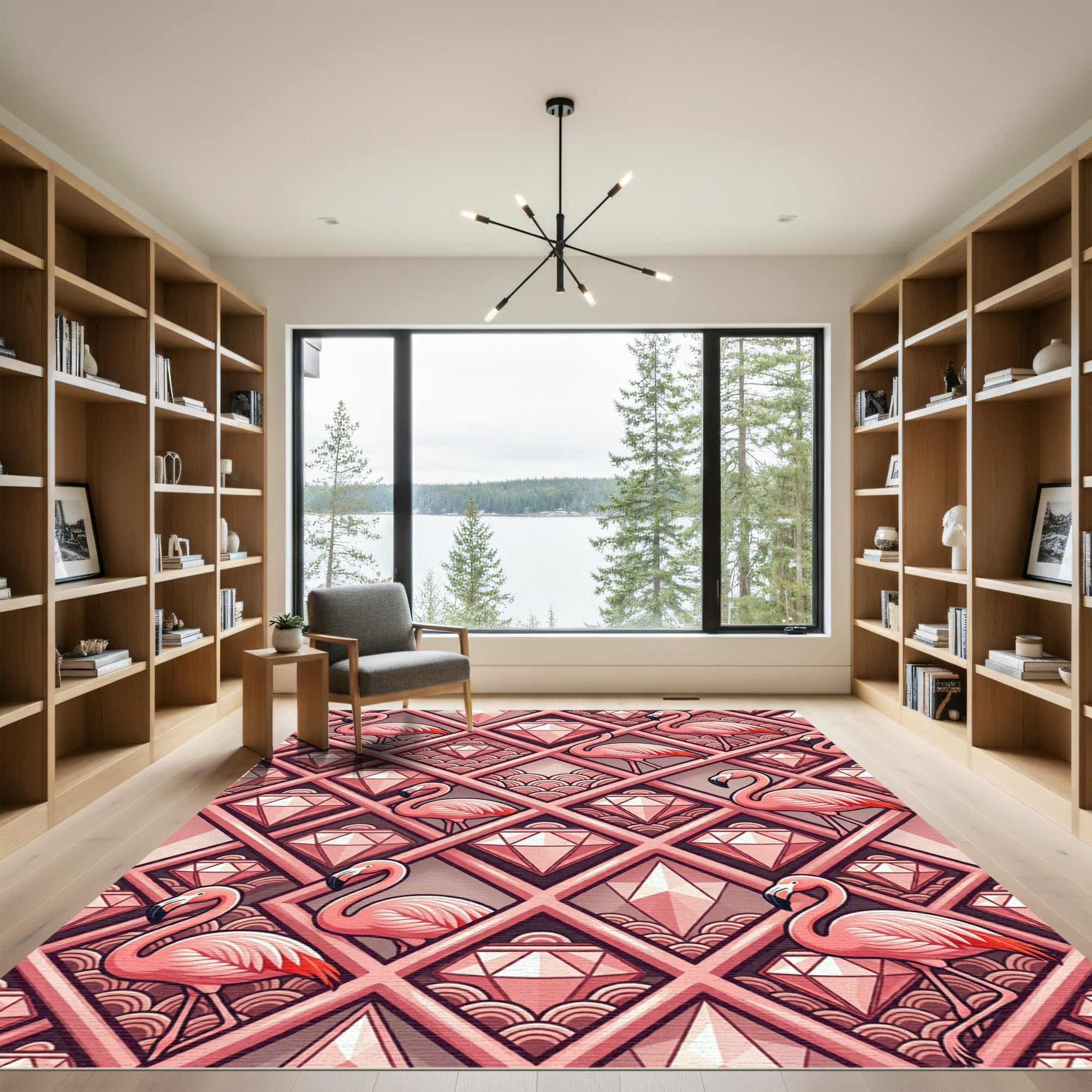 Art Deco Flamingo and Diamond Grid Rug