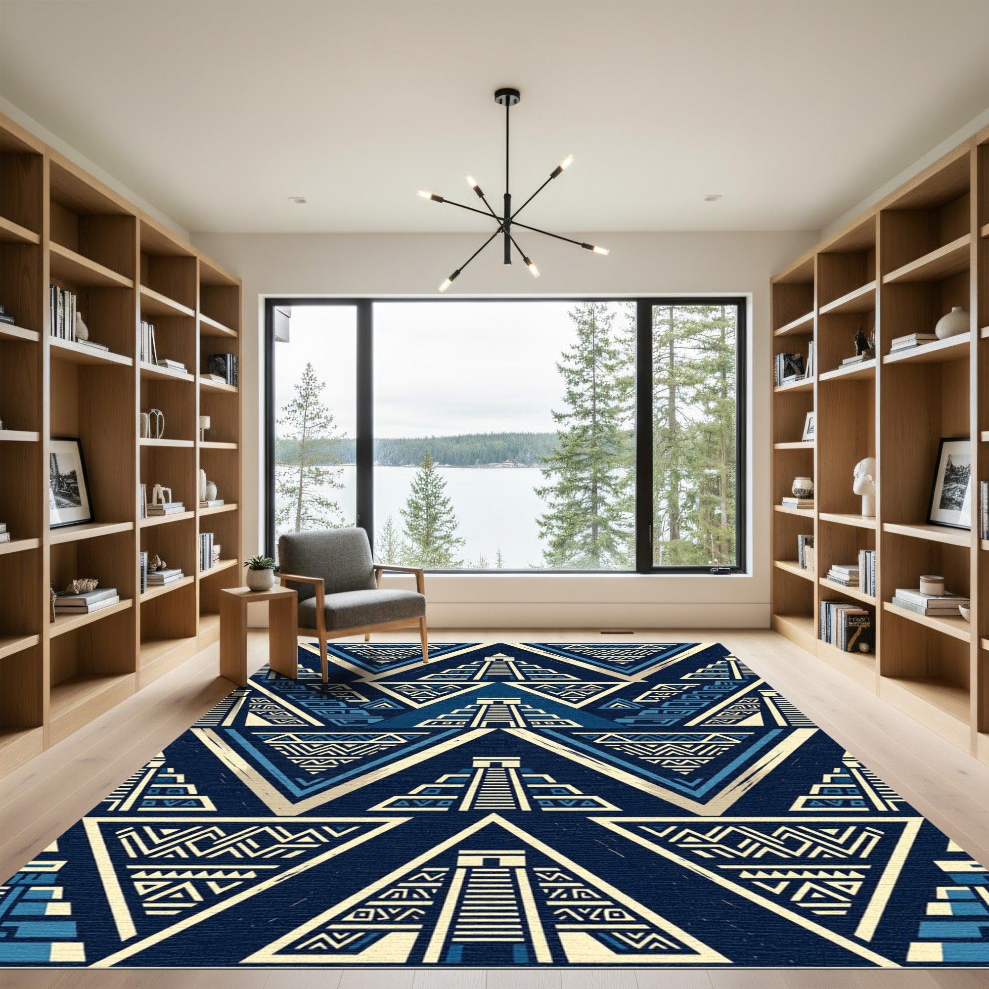 Aztec Geometric Pyramid Navy Blue Tapestry Rug