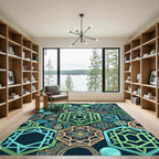 Geometric Hexagon Teal Sage Flower Medallion Rug