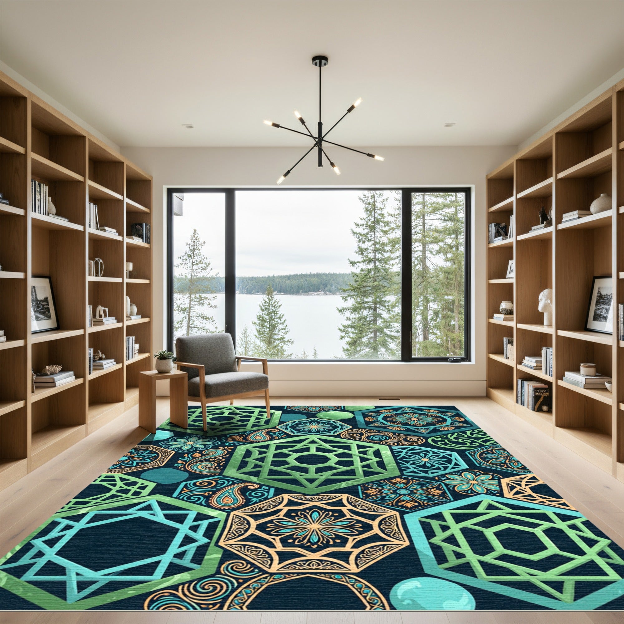 Geometric Hexagon Teal Sage Flower Medallion Rug