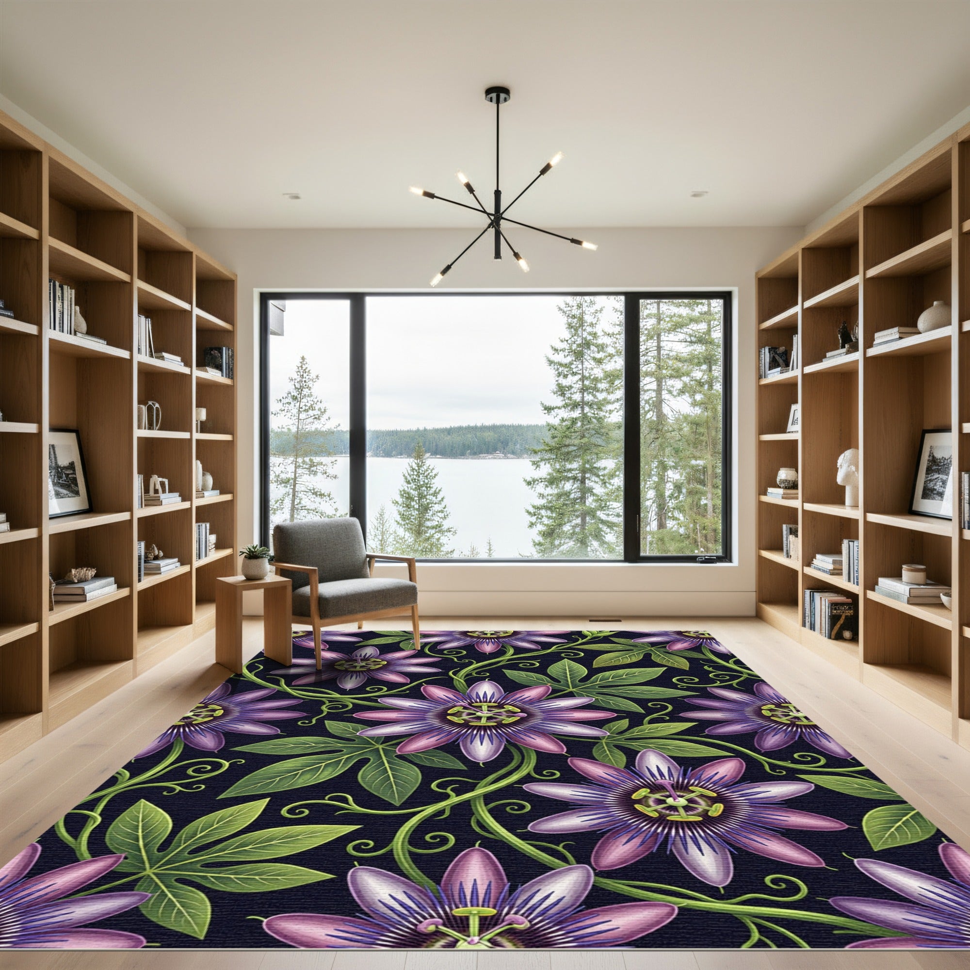 Dark Purple Passion Flower Botanical Art Rug