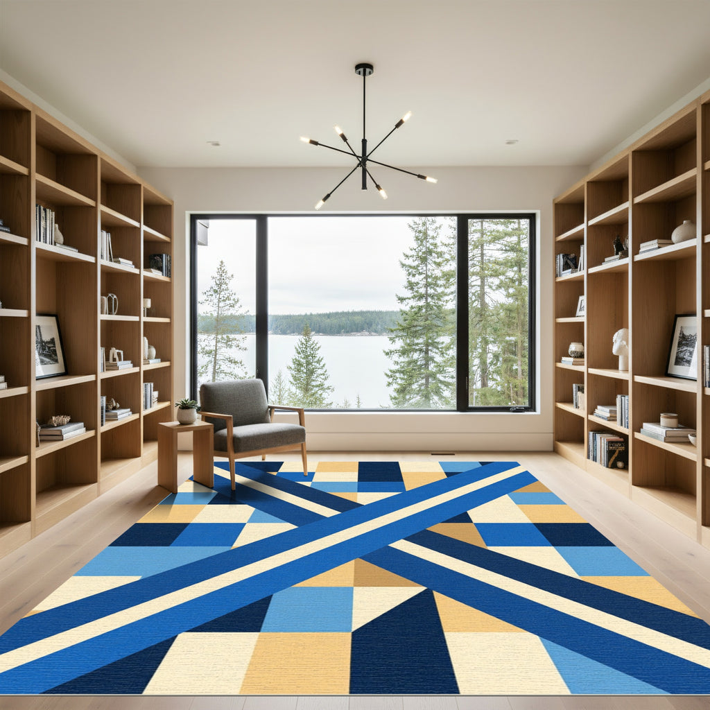 Geometric Blue Cream Diagonal Stripe Art Rug