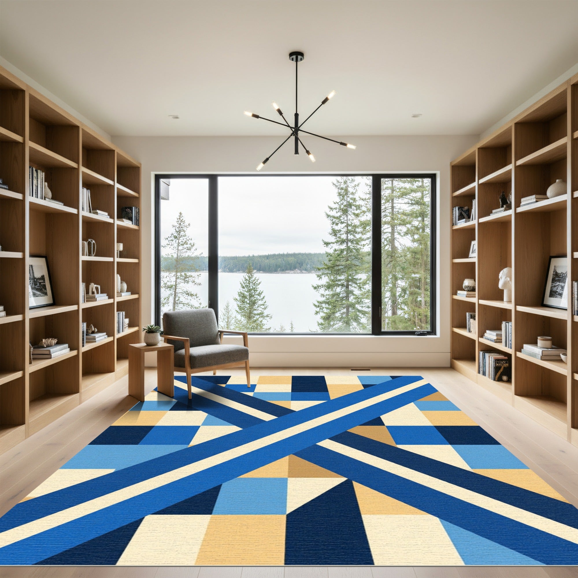 Geometric Blue Cream Diagonal Stripe Art Rug