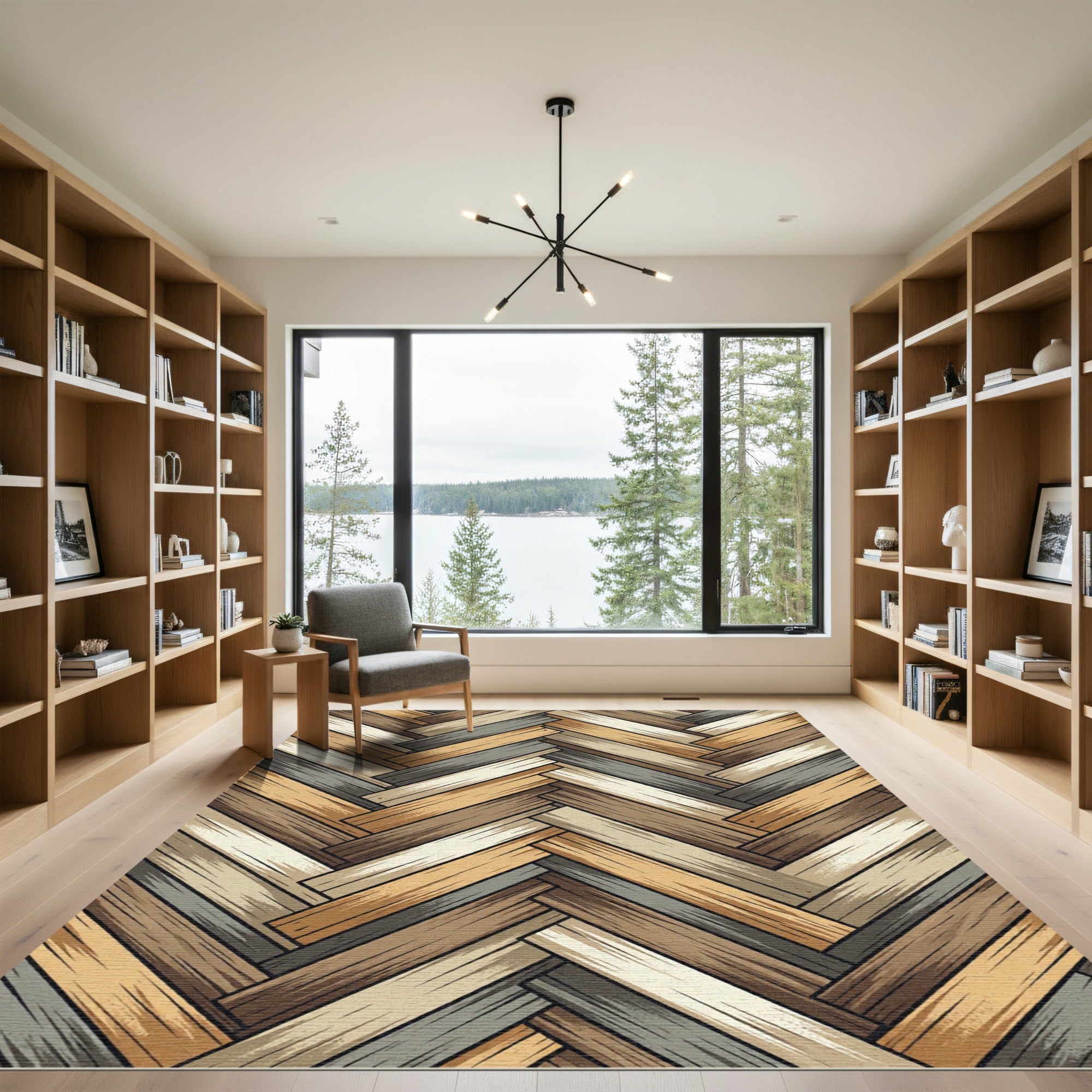 Rustic Earthy Tone Herringbone Parquet Rug