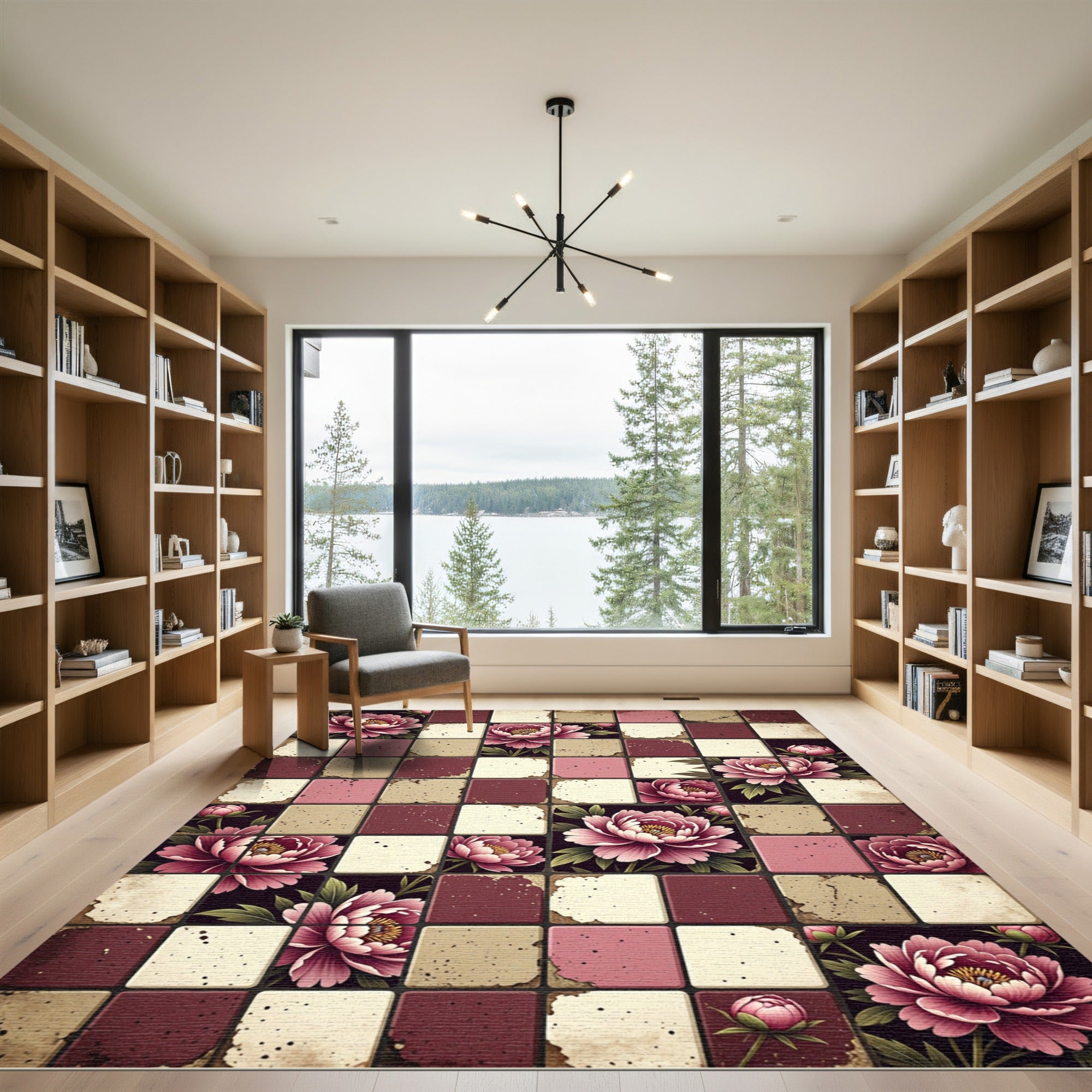 Pink Crimson Peony Tile Arrangement Rug