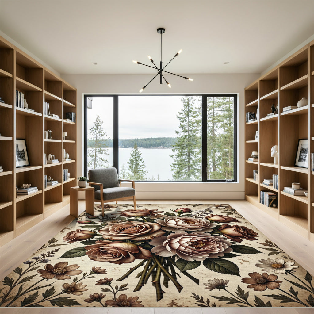 Vintage Coffee Rose Blossom Bouquet Rug