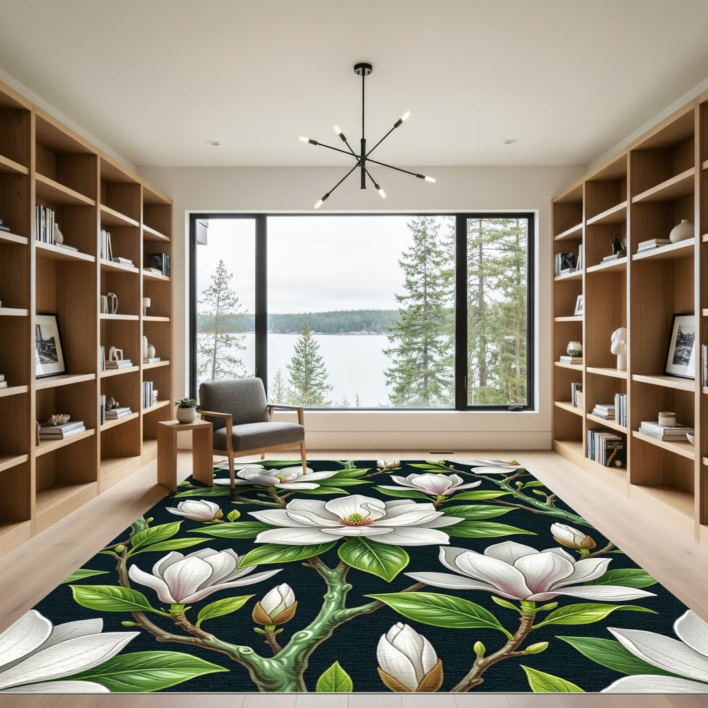 Lush White Magnolia Floral Branches Rug