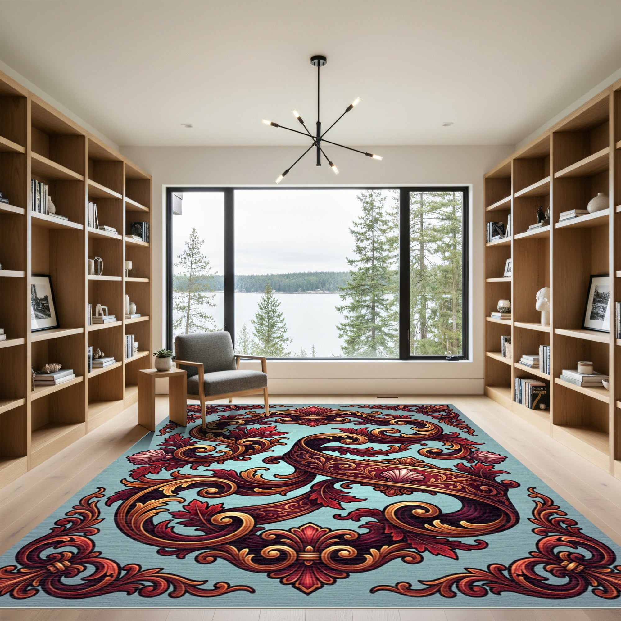 Ornate Burgundy Gold Scrollwork Swirl Rug