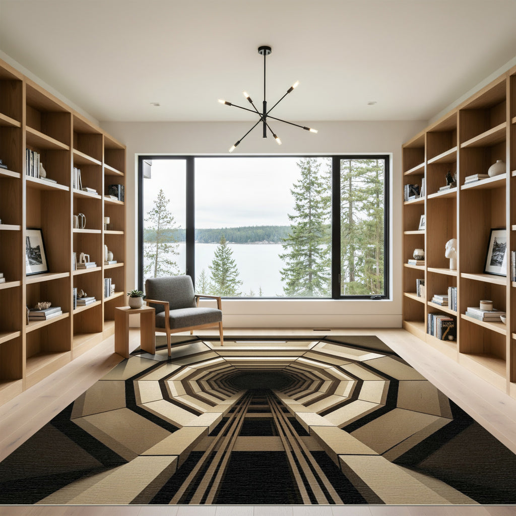 Sophisticated Cream Monochromatic Geometric Tunnel Rug