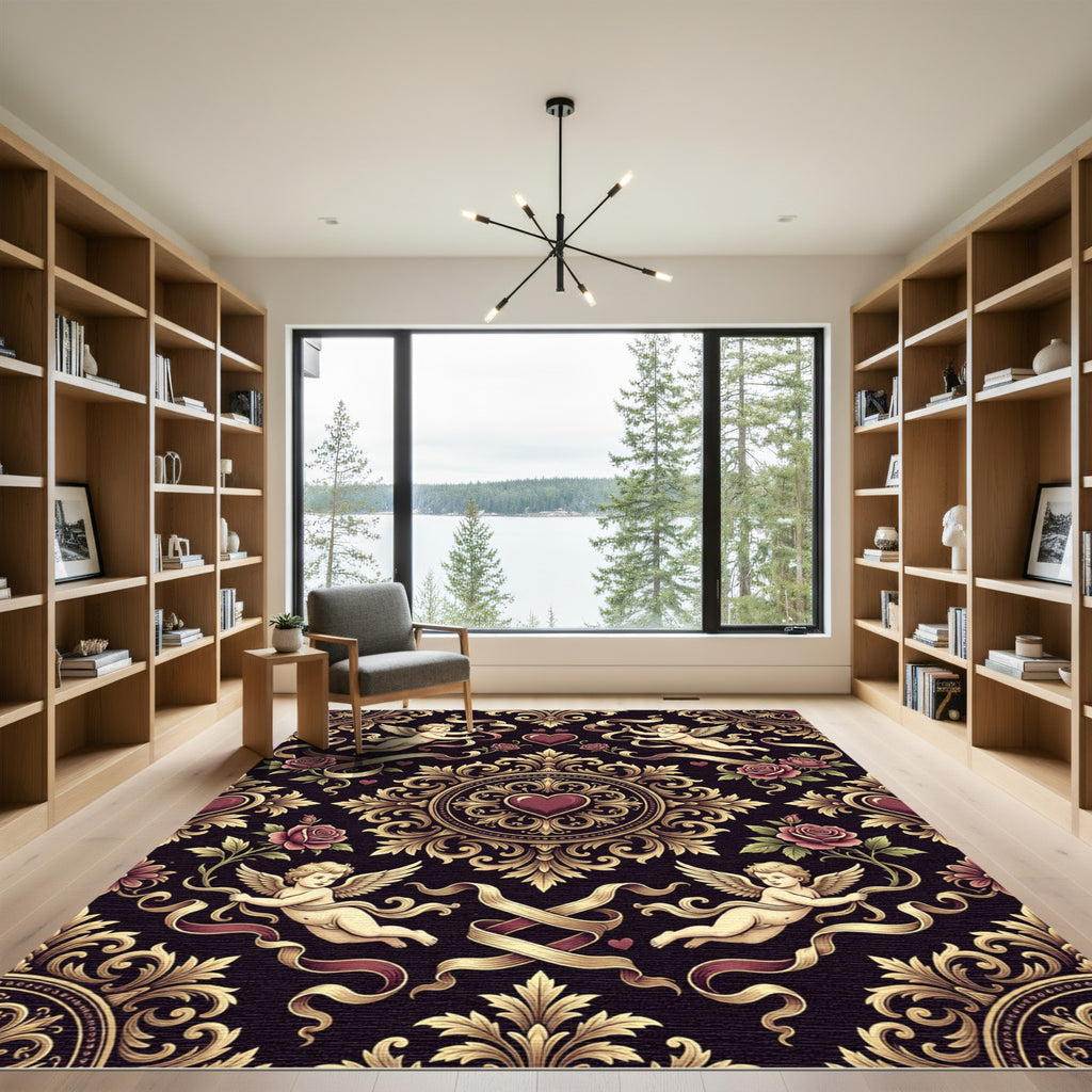 Baroque Cupid Heart Floral Damask Rug