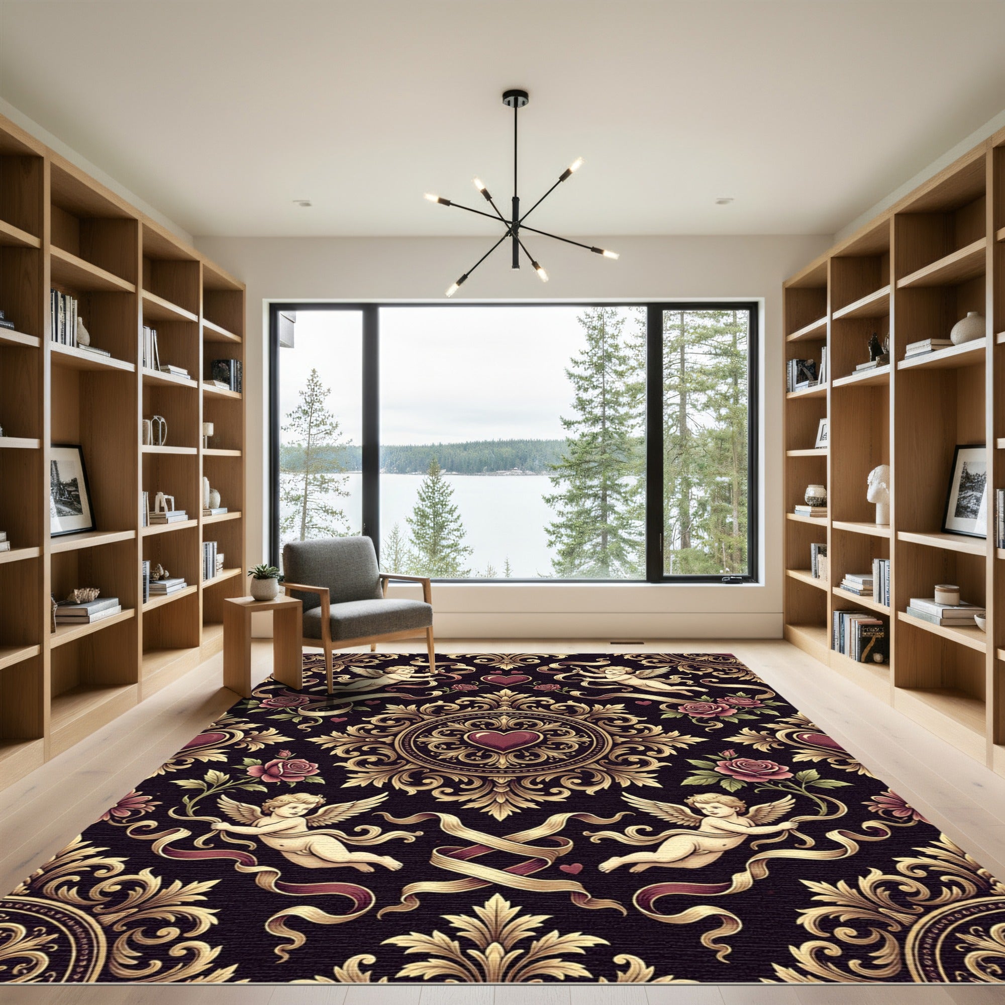 Baroque Cupid Heart Floral Damask Rug