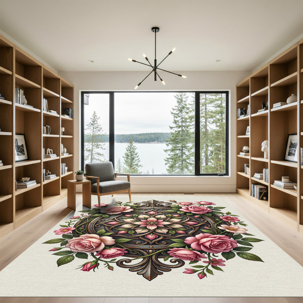 Elegant Blush Rose Floral Medallion Accent Rug