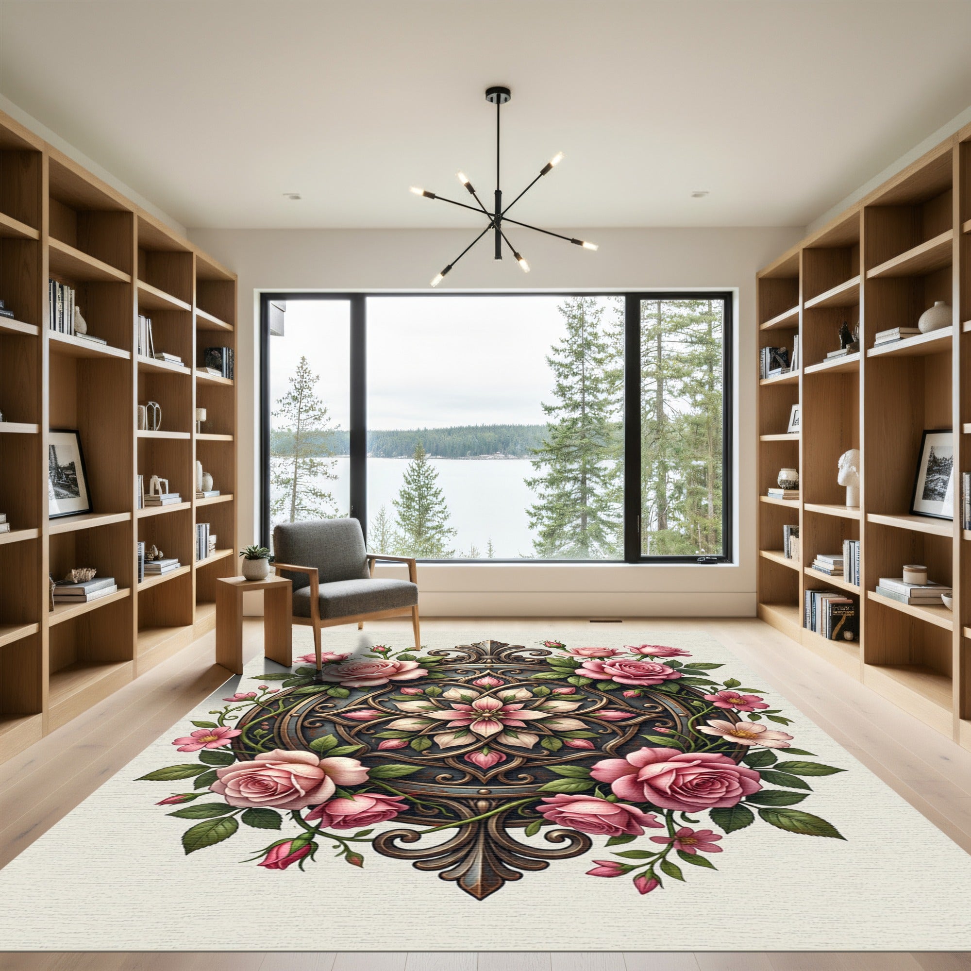 Elegant Blush Rose Floral Medallion Accent Rug