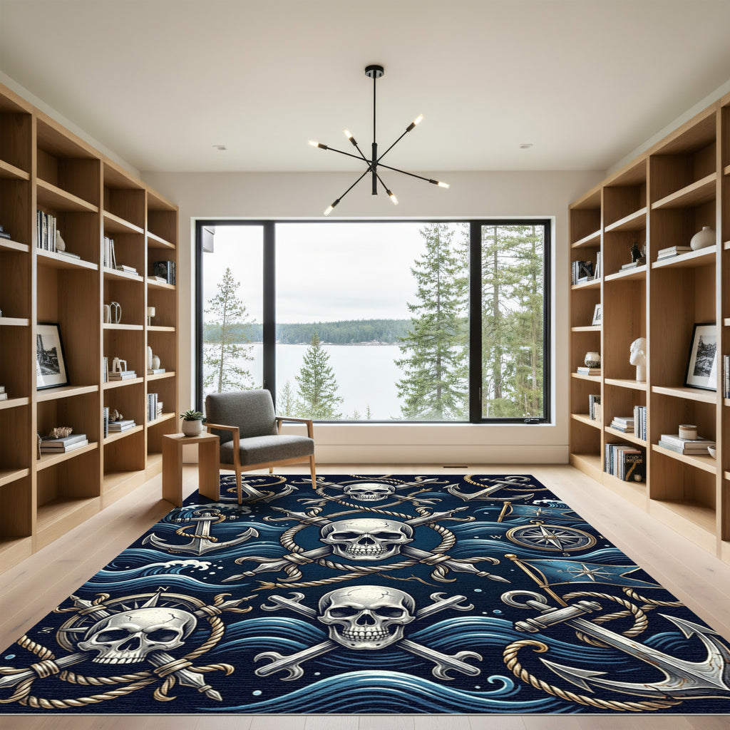 Navy Nautical Skull and Anchor Motif Rug