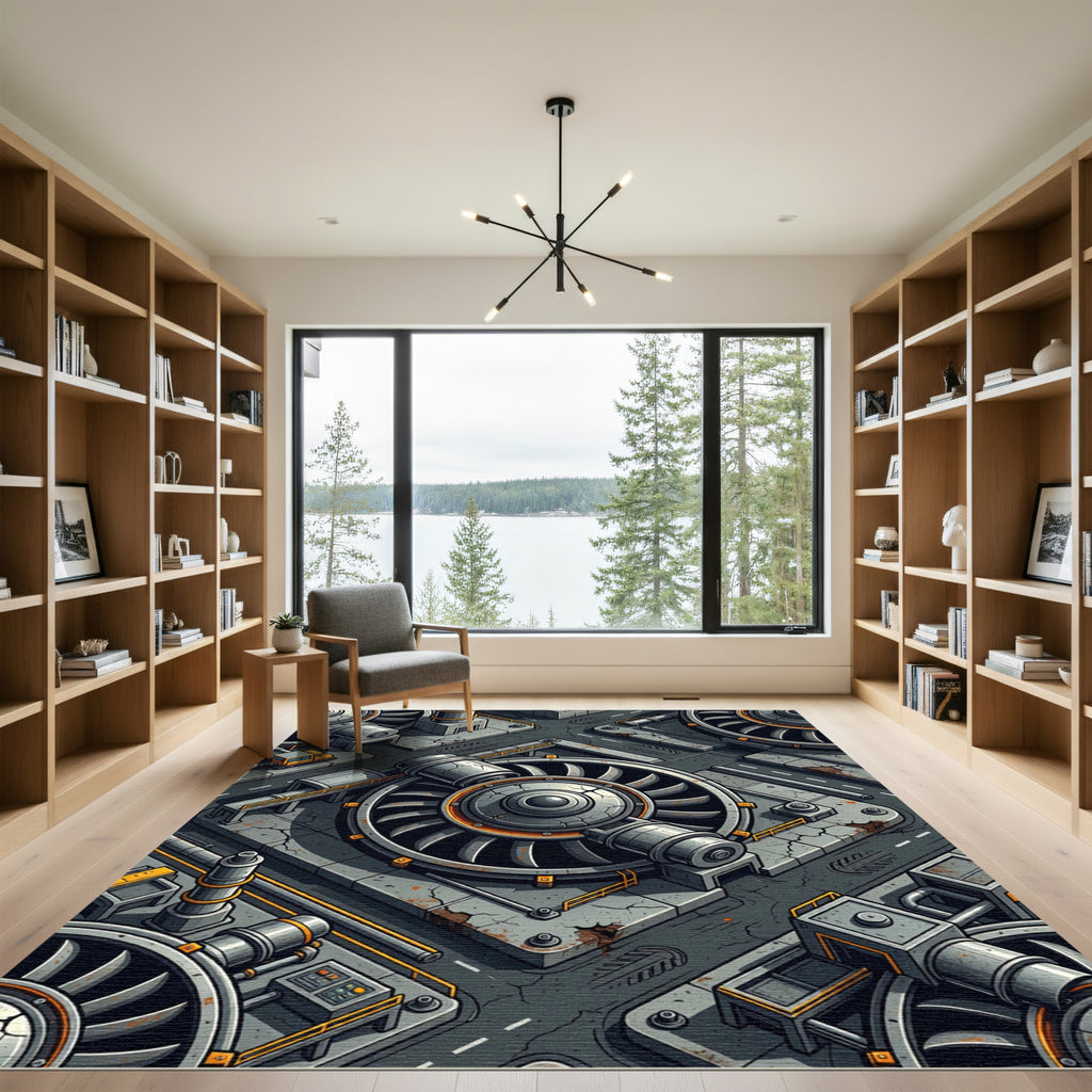 Industrial Gray Turbine Geometric Rug