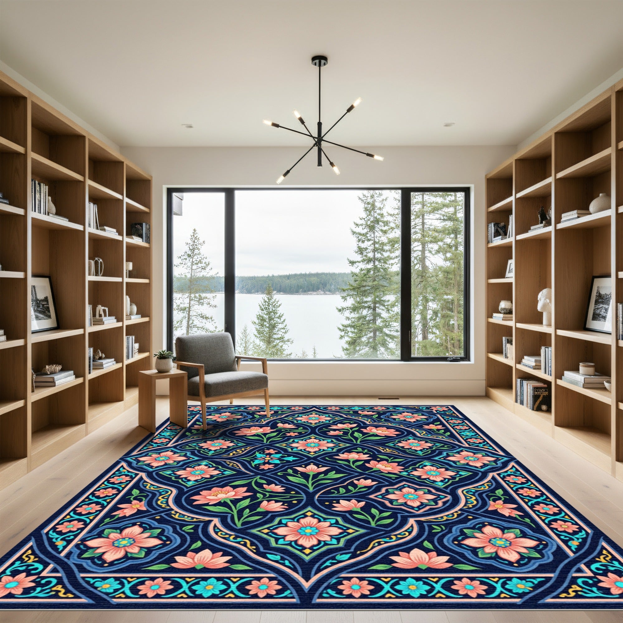 Elegant Midnight Floral Entwined Symmetry Rug
