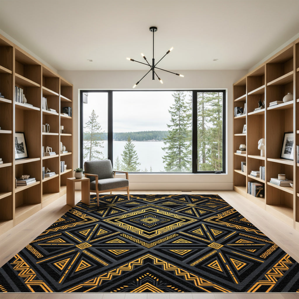 Luxurious Black and Gold Geometric Lattice Rug
