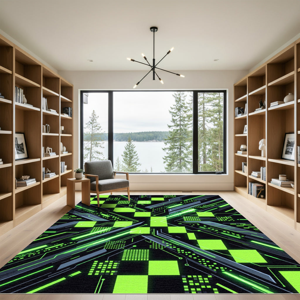 Neon Cyber Grid Digital Square Art Rug