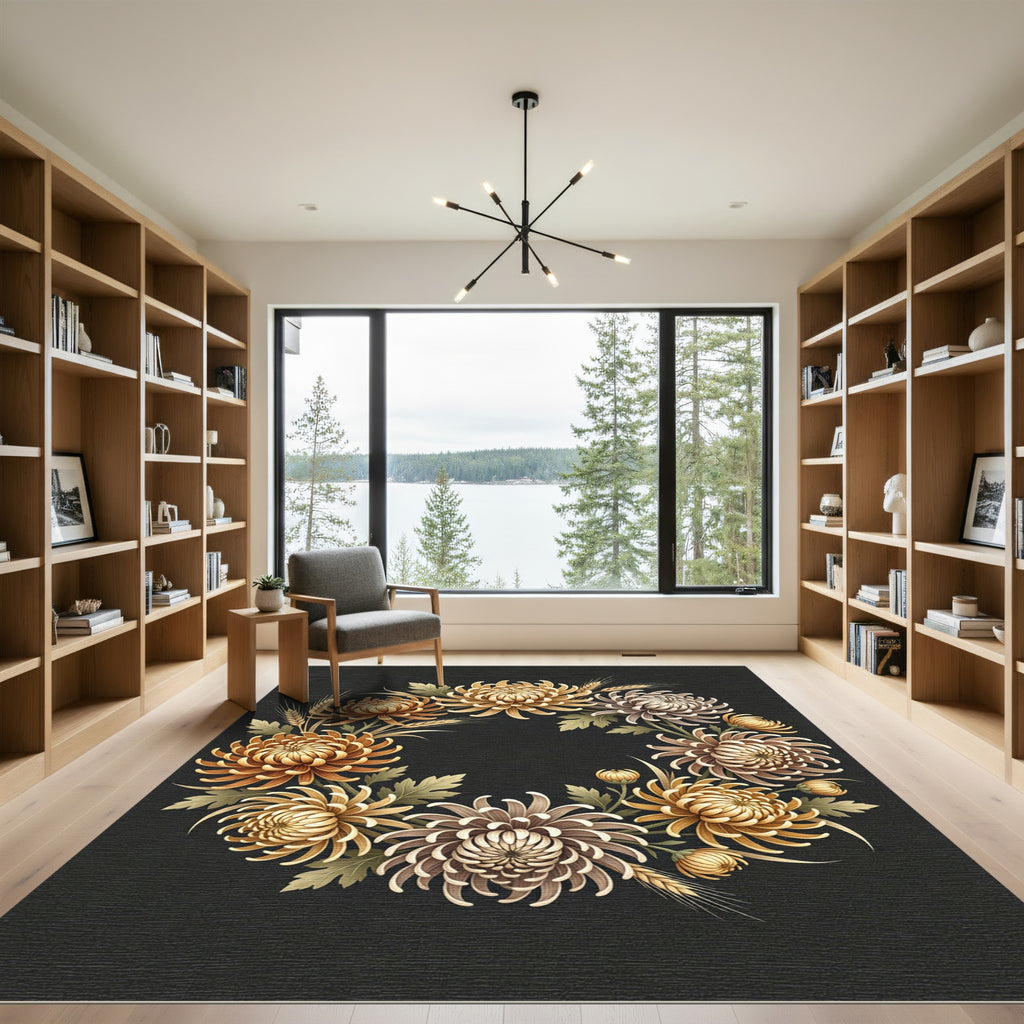 Golden Chrysanthemum Floral Harvest Wreath Rug