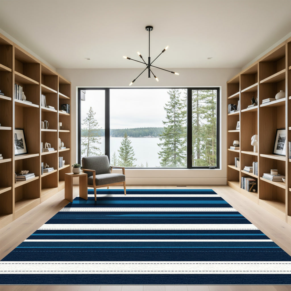 Coastal Navy Blue Linear Stripe Rug
