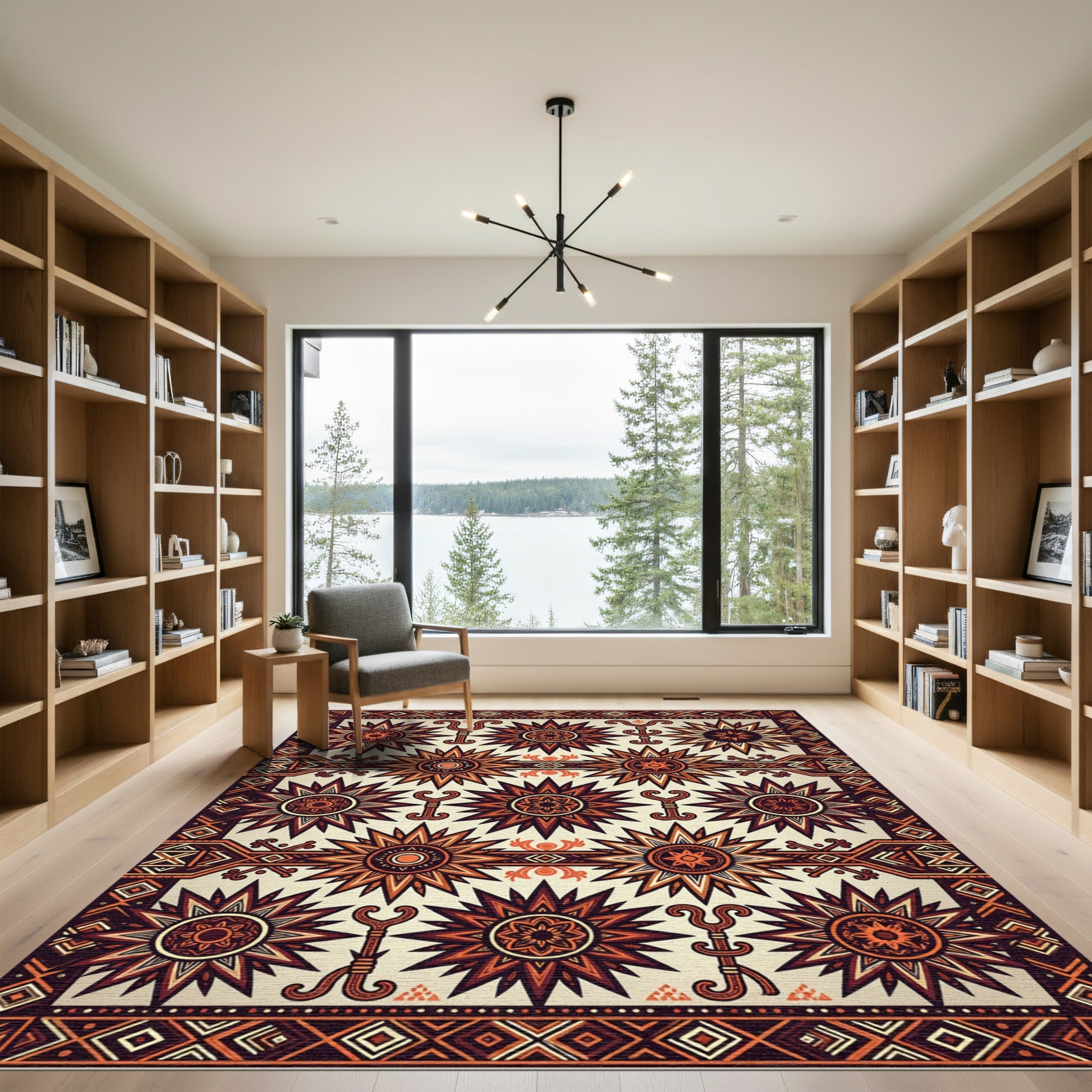 Earthy Terracotta Sunburst Geometric Art Rug