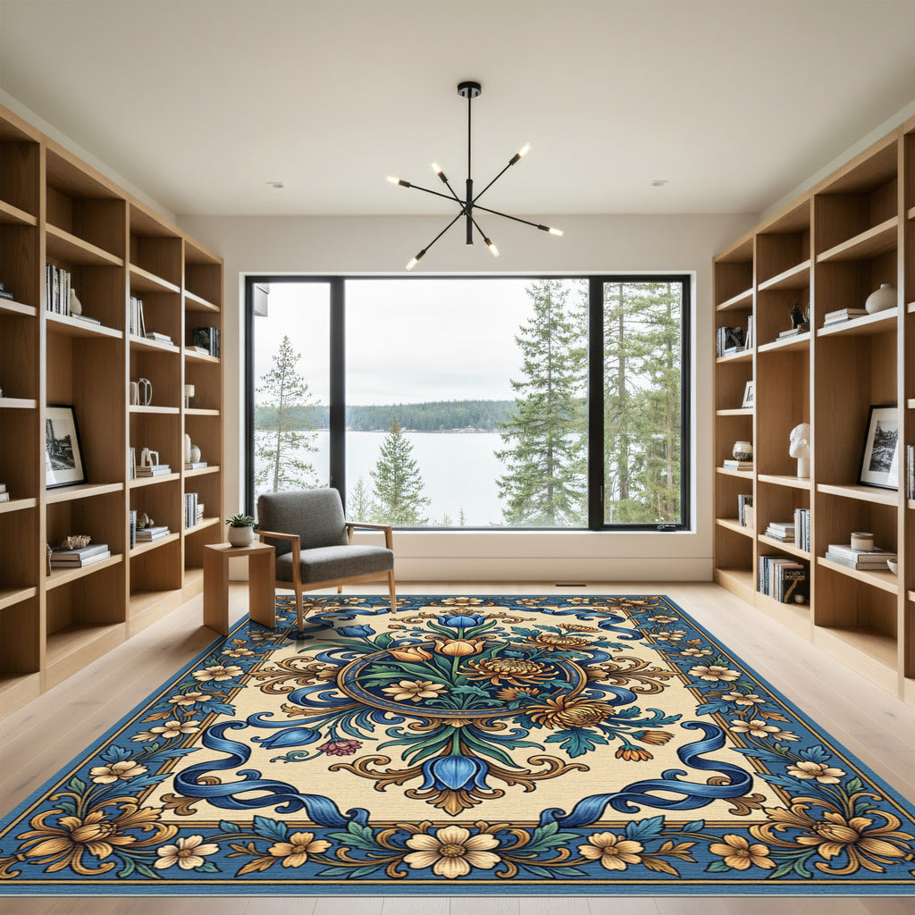 Ornate Blue Golden Floral Garland Rug
