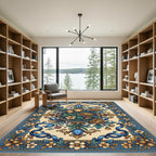 Ornate Blue Golden Floral Garland Rug
