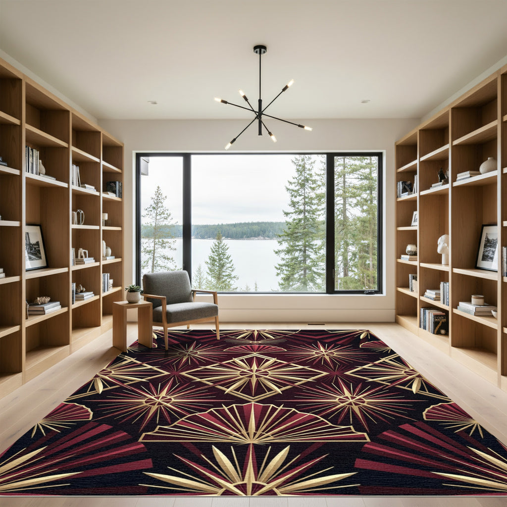 Art Deco Golden Sunburst Geometric Rug
