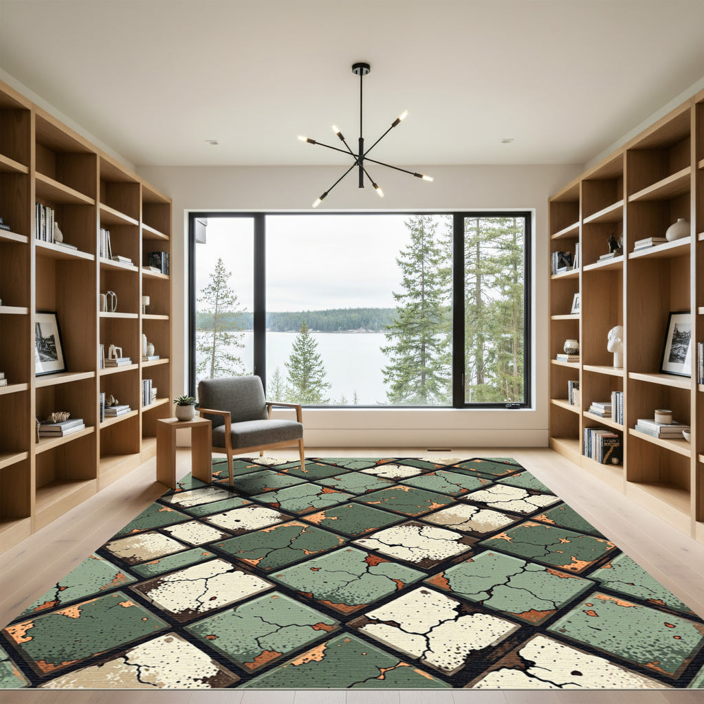 Distressed Sage Green Cracked Tile Mosaic Rug