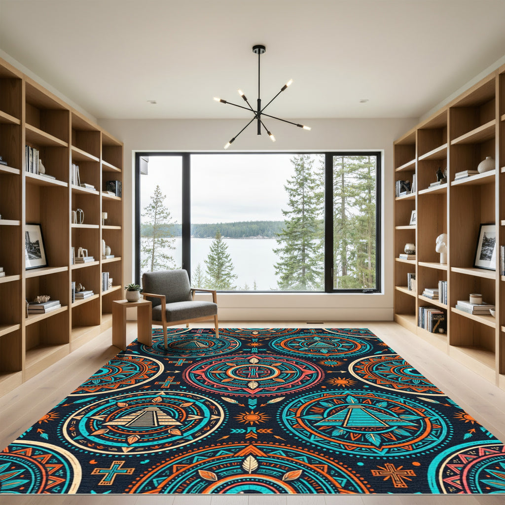 Vibrant Aztec Sun Pyramid Geometric Medallion Rug