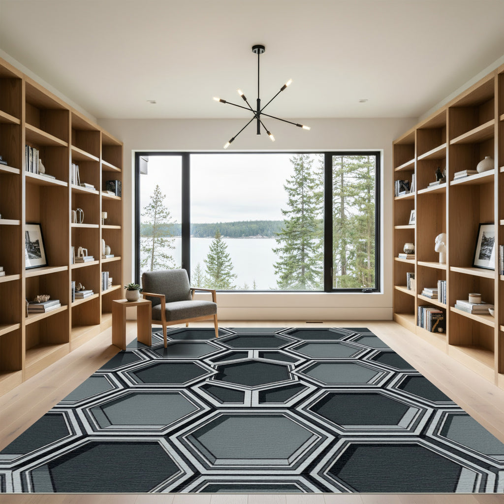 Sophisticated Charcoal Gray Geometric Honeycomb Rug