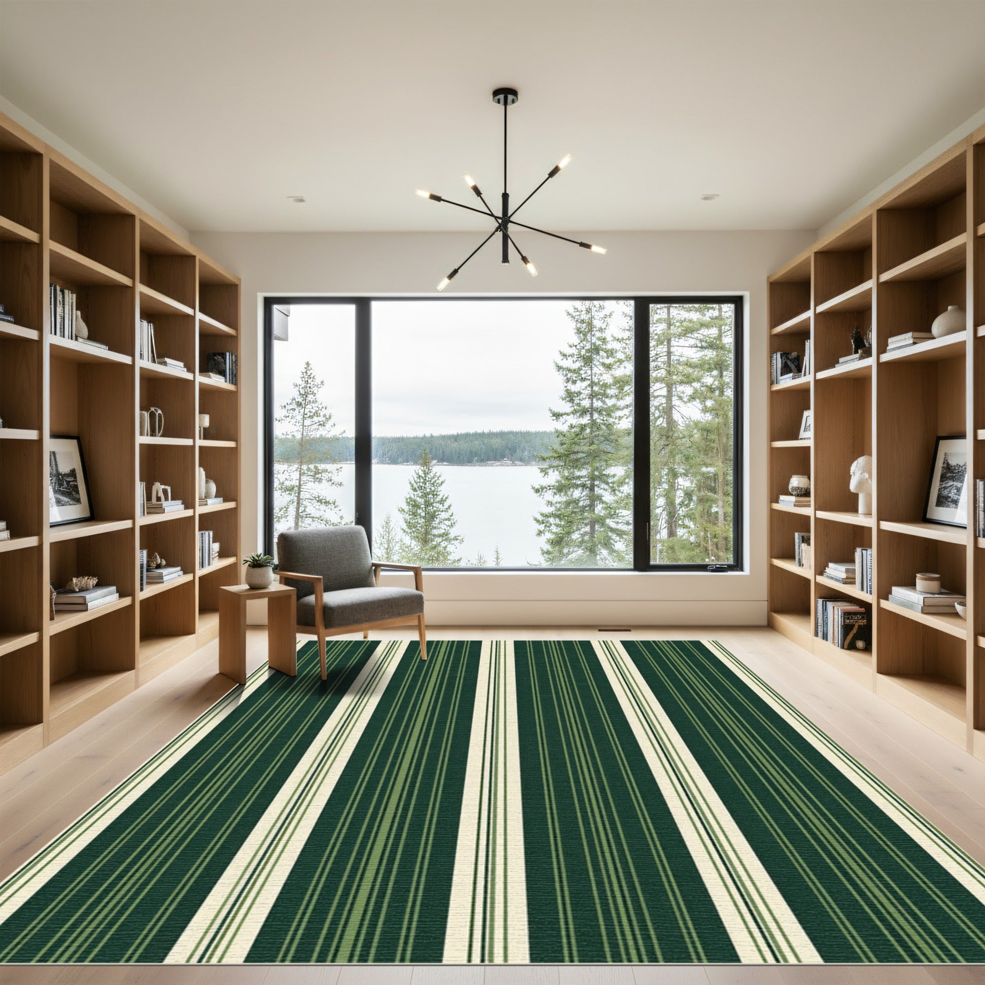 Dark Green Cream Striped Vertical Bands Rug