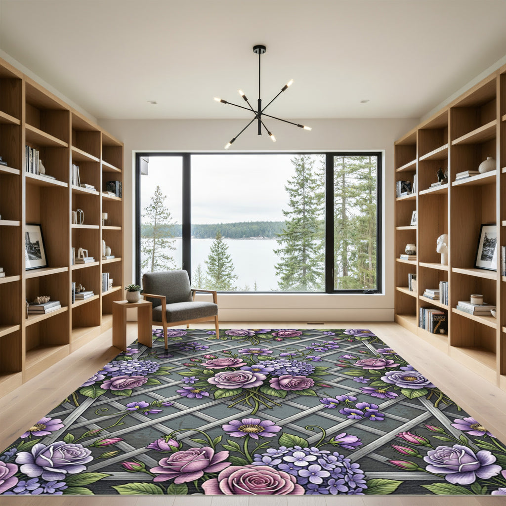 Purple Roses Hydrangea Lattice Garden Rug