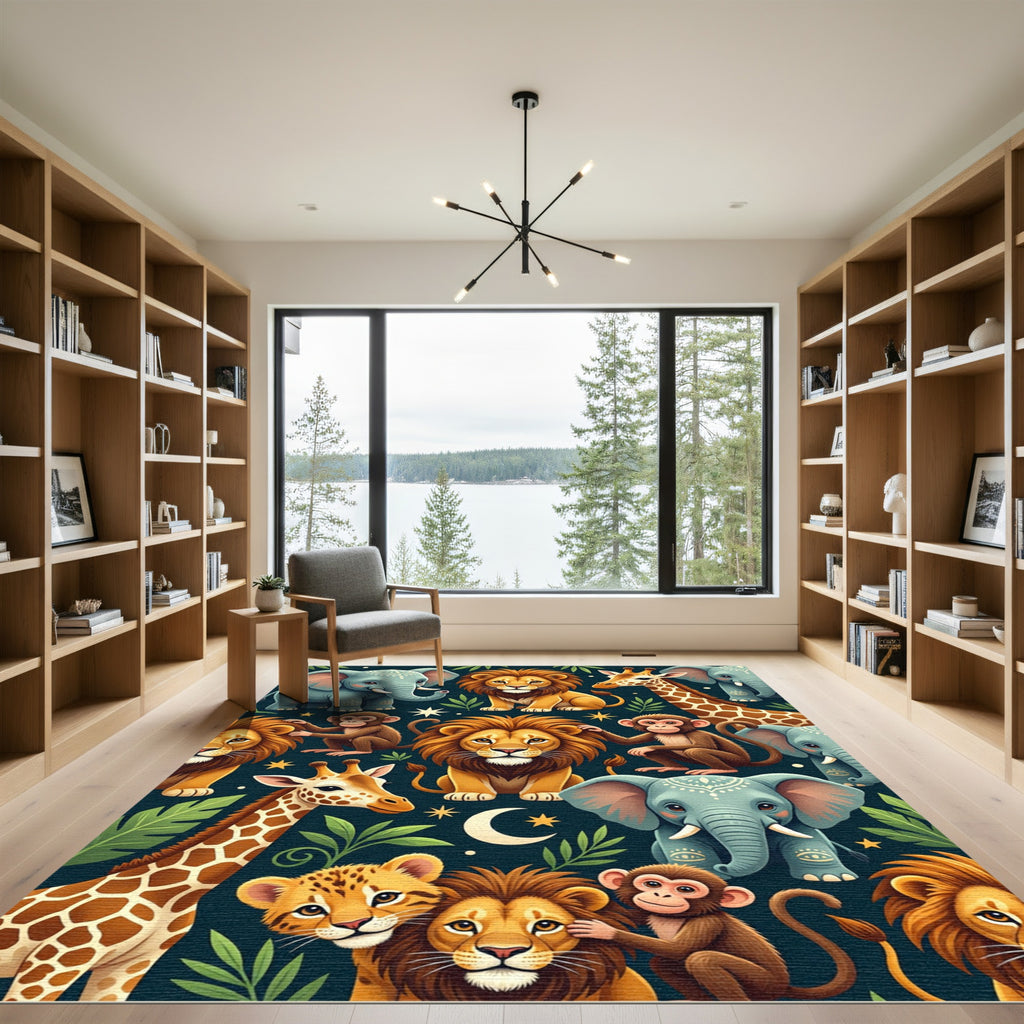Whimsical Jungle Animal Safari Deep Teal Rug