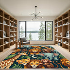 Whimsical Jungle Animal Safari Deep Teal Rug