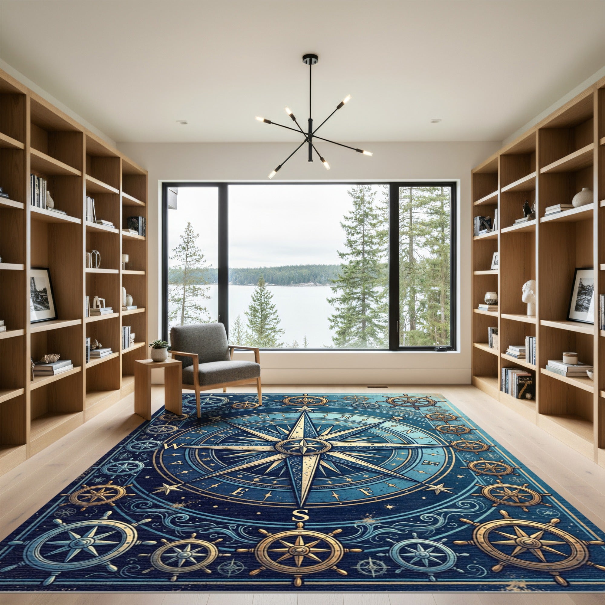 Celestial Nautical Compass Gold Blue Rug