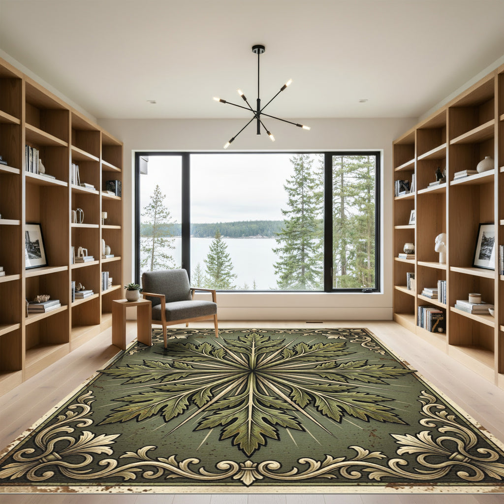 Ornate Green Leaf Medallion Revival Rug