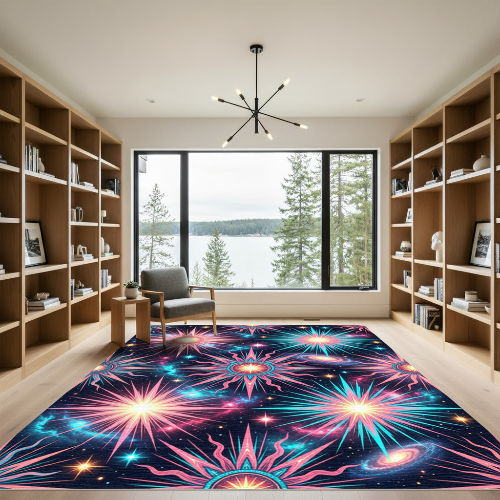 Vibrant Neon Celestial Starburst Galaxy Rug
