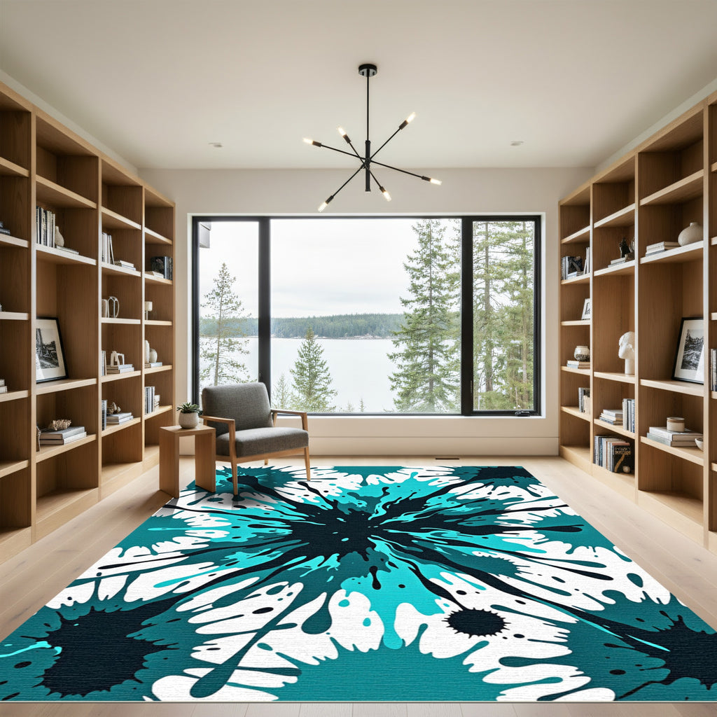 Teal and Black Abstract Liquid Splash Rug